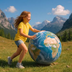 El niño interior. Estableciendo contratos. Niña jugando con la Tierra como si fuera un balón, en un parque